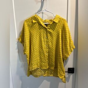 Rachel Roy Chartreuse Linen Button up Short Sleeve Shirt Polka Dot